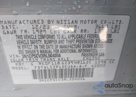 2024 Nissan Kicks Sv Xtronic Cvt z USA, uszkodzony, nr VIN 3N1CP5CV3RL504056